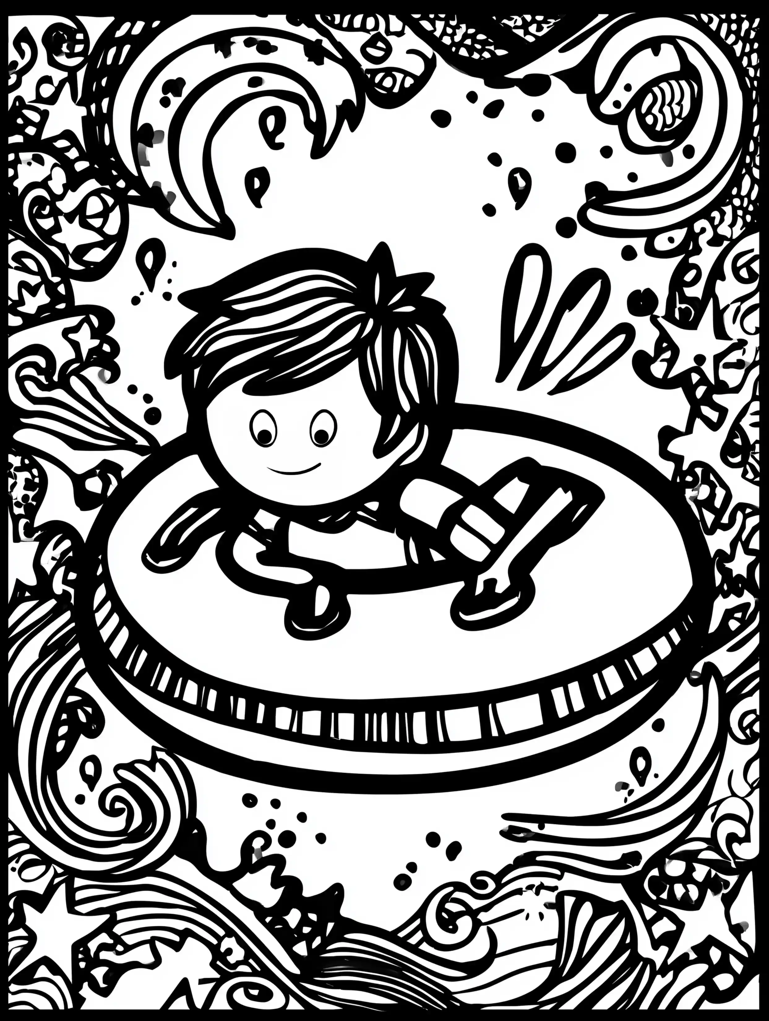 Free printable summer coloring page for adults featuring a boy relaxing in an inner tube